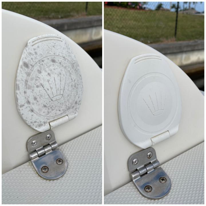 Cosmetic reconditioning of an electrical outlet cover on a boat.